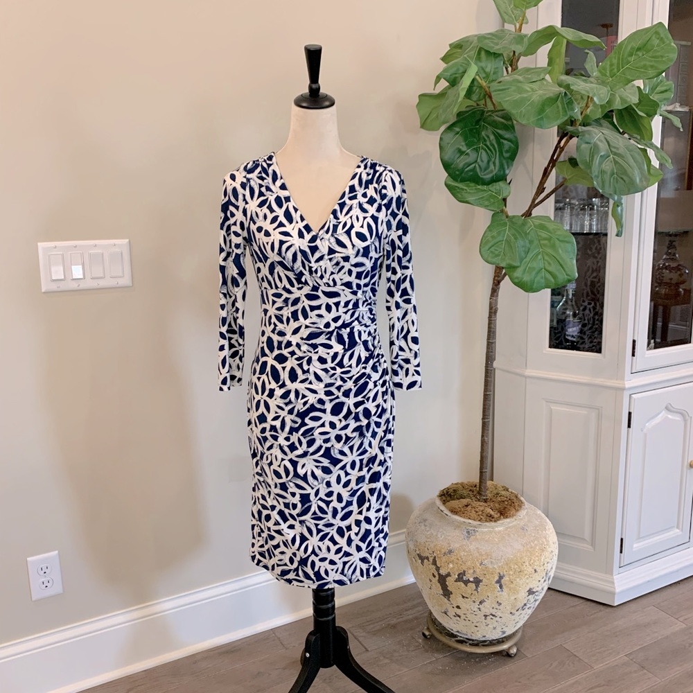Navy and white wrap dress